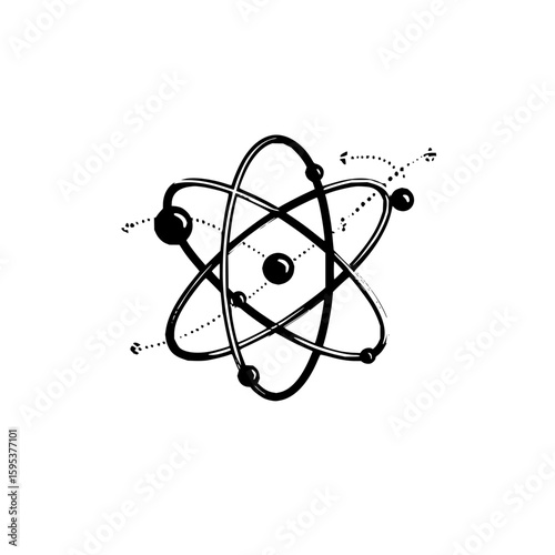 Illustration of an atom with orbiting electrons and dotted lines showing electron trajectories in black