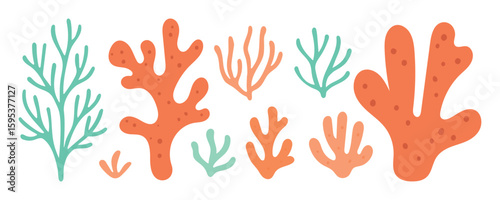 Colorful coral reef branches in orange and teal form a flat ocean plant set, ideal for sea life infographics, backgrounds, or children’s books.