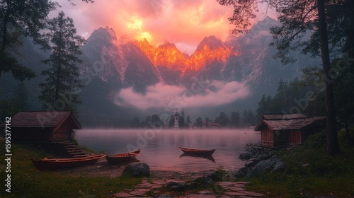 Serene Sunrise over Misty Lake and Mountains