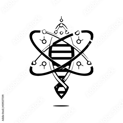 Stylized illustration of a dna helix intertwined with atom structure in black and white design concept