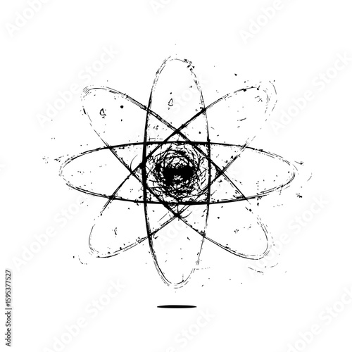 Distressed atom illustration with orbital paths and central nucleus in black and white design style