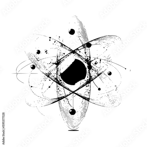 Abstract atom illustration with orbital paths and nucleus in a grunge style black and white design