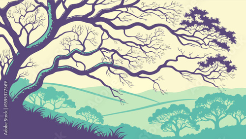 Illustration of a large tree with bare branches overlooking a landscape with rolling hills and trees