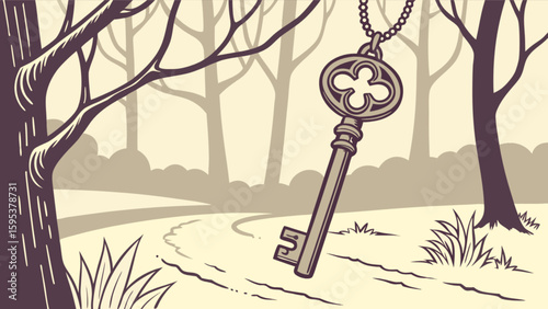 A vintage key pendant hangs in front of a path winding through a stylized forest scene artfully drawn