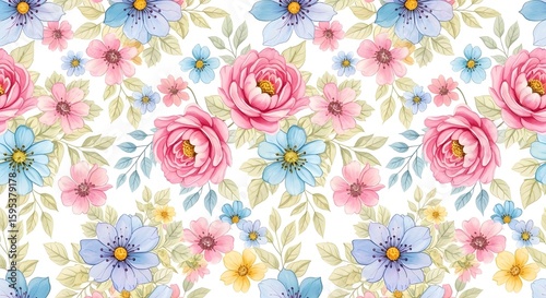 Wallpaper Mural Bright Watercolor Floral Pattern with Delicate Leaves, Seamless Design	 Torontodigital.ca