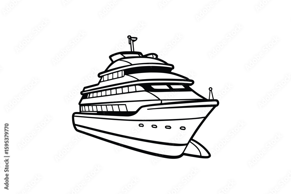 Fototapeta premium Black and white line art illustration of a luxury yacht perfect for coloring pages or simple design elements showcasing maritime transport and leisure in a