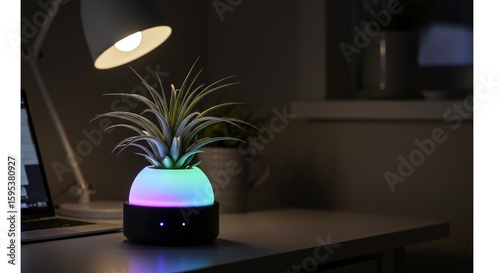 A plant in a pot on a desk showing a desktop plant companion reacting to ambient noise with light pulses