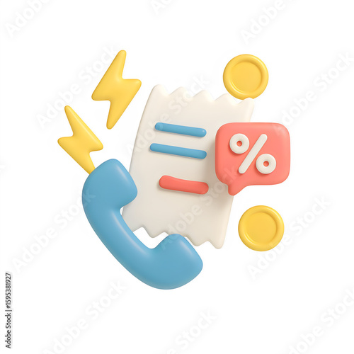 3d bill with phone and percentage icon isolated on transparent background. discount or call concept