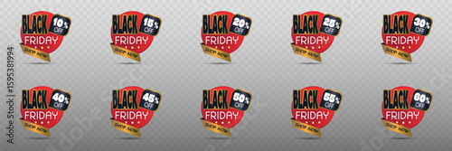 Set of Black Friday price tags with percentages and discounts.