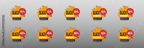 Set of Black Friday price tags with percentages and discounts.