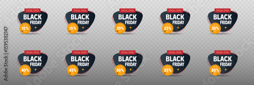 Set of Black Friday price tags with percentages and discounts.