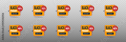 Set of Black Friday price tags with percentages and discounts.