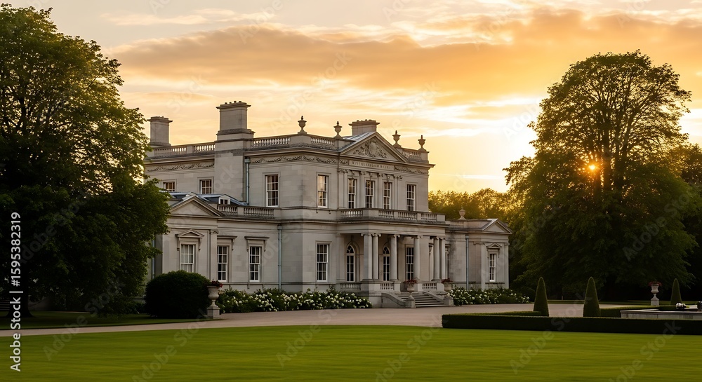 Obraz premium Grandeur Estate at Golden Hour: A timeless architectural elegance and a luxurious lifestyle