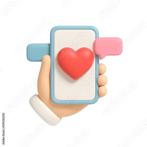 3d hand with phone and heart icon isolated on transparent background. love or connection concept