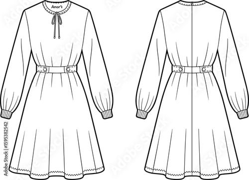 Long sleeve dress fashion sketch with scalloped hemline, bow neckline, belted waist, gathered sleeves, cad drawing flat vector illustration