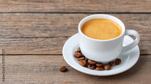 Hot coffee and beans concept, fresh espresso in white cup with scattered coffee beans on rustic wood table, for Advertise, for banner, with copy space
