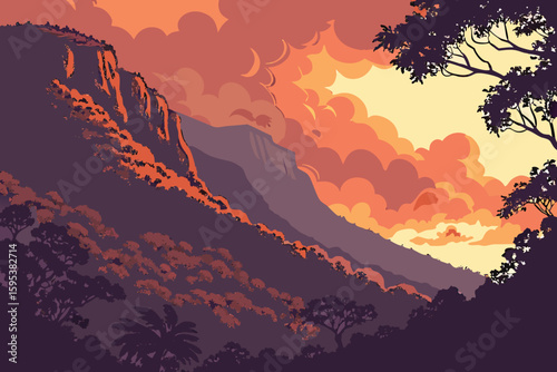  dramatic sunset, fiery cloud formation, dramatic lighting, mountainous landscape, lush foliage, atmospheric haze, cinematic composition