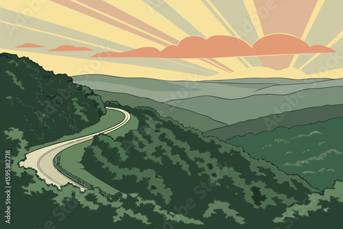   scenic, mountainous, hilly, winding road, lush green foliage, dramatic sky, colorful sunset, sun rays, atmospheric, tranquil, serene, cinematic, aerial view, landscape, natural beauty