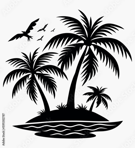 Island silhouette vector Three palm trees on a tropical island are depicted in striking silhouette, with stylized waves and birds, conjuring a sense of serene escape.