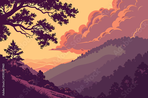  dramatic sunset, fiery cloud formation, dramatic lighting, mountainous landscape, lush foliage, atmospheric haze, cinematic composition
