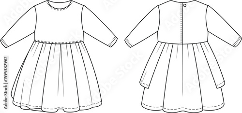 Children’s dress fashion sketch with short sleeves, flared hemline, round neckline, gathered waist, cad drawing flat vector illustration template