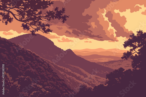  dramatic sunset, fiery cloud formation, dramatic lighting, mountainous landscape, lush foliage, atmospheric haze, cinematic composition