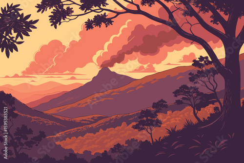  dramatic sunset, fiery cloud formation, dramatic lighting, mountainous landscape, lush foliage, atmospheric haze, cinematic composition