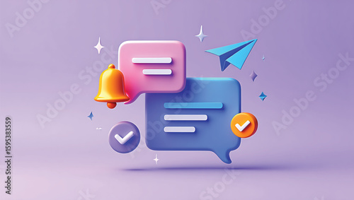 3 D pink and blue chat bubbles with bell and paper airplane message communication