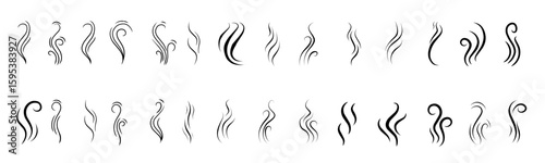 Smoke swirl icons, abstract steam symbols, curvy lines, flowing shapes, and minimalist design for smoke, heat, or vapor. Perfect for logos, patterns, or decorative elements vector silhouette