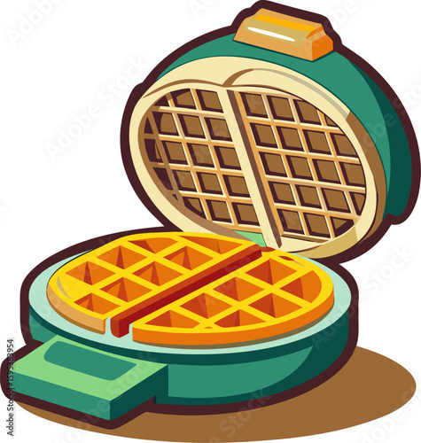 Waffle maker appliance with open lid and fresh waffle inside – modern vector"