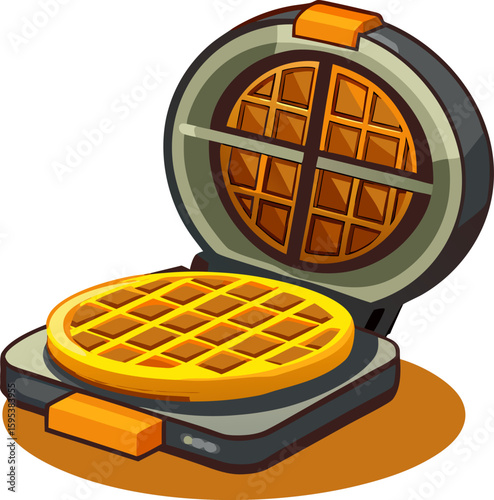 Waffle maker appliance with open lid and fresh waffle inside – modern vector"