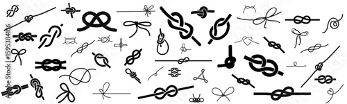Knot vector set rope, cord, tie, knot silhouette vector illustrations, various knot types, decorative knots, maritime knot tying