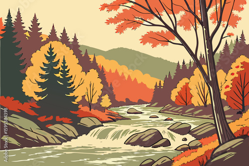  serene autumn river,flowing river with dense forest,dramatic river rushing through colorful trees,majestic autumn river landscape,scenic rushing river in fall foliage,dramatic river surrounded by vi