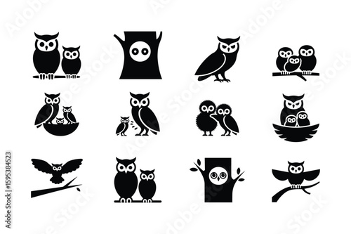 Owl family silhouettes on branches and in trees owls baby