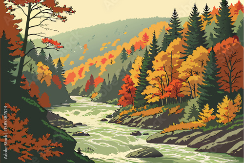  serene autumn river,flowing river with dense forest,dramatic river rushing through colorful trees,majestic autumn river landscape,scenic rushing river in fall foliage,dramatic river surrounded by vi