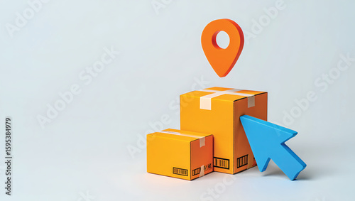 Orange shipping boxes with blue cursor and location pin on light background delivery