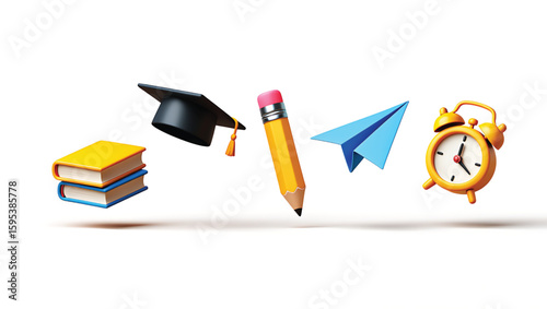 Stack of books graduation cap pencil paper airplane and alarm clock education learning