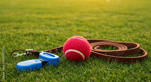 Tennis ball and headphones on grass showing a dog training clicker lying on a grass field beside a ball and leash