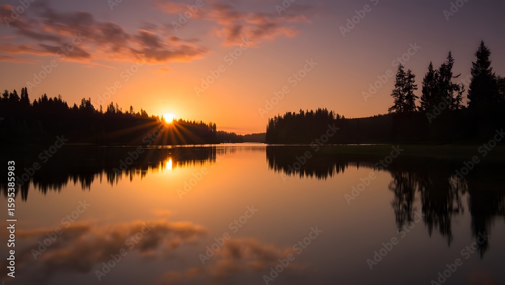 Obraz premium Sunset over Calm Lake with Cloud Reflection