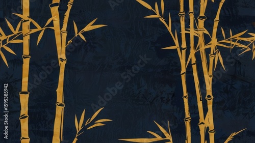 Elegant gold bamboo stalks and leaves on a dark blue textured background.