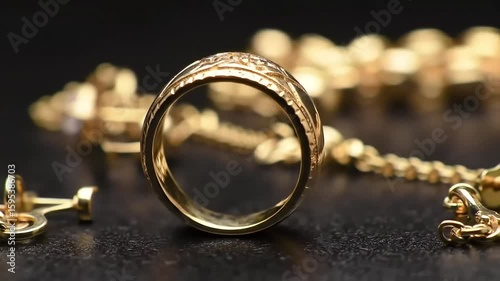 Gold ring, jewelry, dark surface, background blur, advert