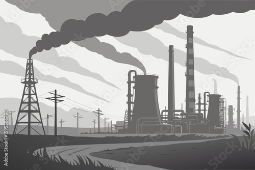  industrial_landscape, industrial_factory, cloudy_sky, smoke_stacks, dark_clouds, hazy_atmosphere, dramatic_lighting, environmental_pollution, dystopian_sci-fi, cinematic_mood
