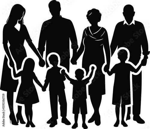 Joint Family member holding hand together silhouette Vector Illustration isolated on a white background