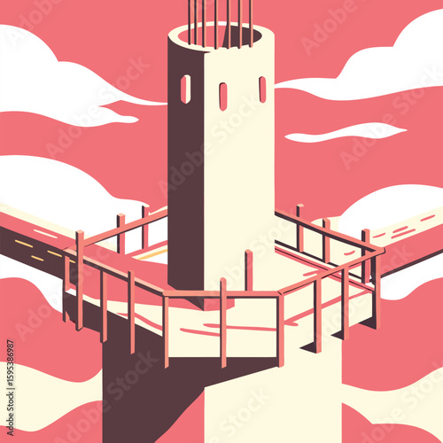 Tall tower with railing and road abstract geometric