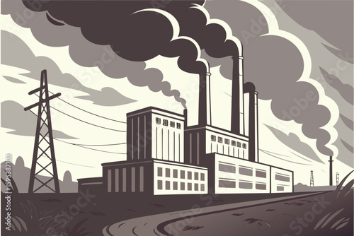  industrial_landscape, industrial_factory, cloudy_sky, smoke_stacks, dark_clouds, hazy_atmosphere, dramatic_lighting, environmental_pollution, dystopian_sci-fi, cinematic_mood