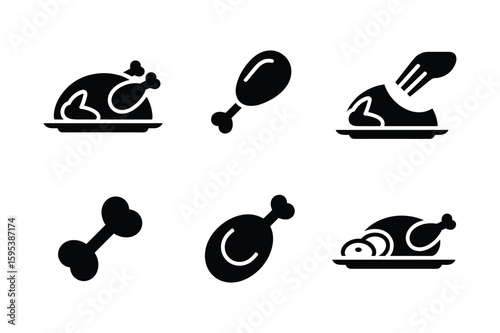 Roasted chicken drumstick bone and whole bird icons fork