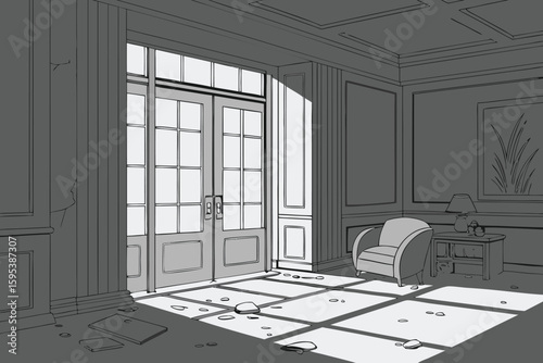  dark elegant living room, shattered glass, debris scattered, minimalist furniture, dramatic lighting, post-apocalyptic scene, moody, cinematic, realistic