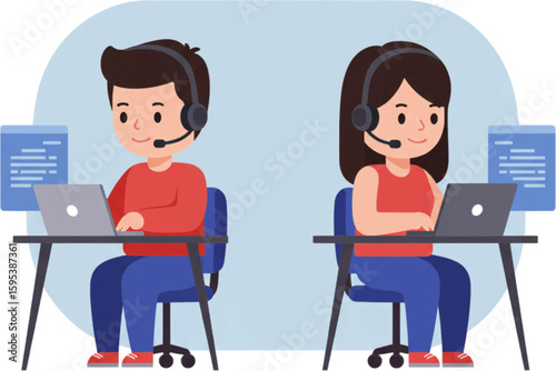 Cheerful cartoon male and female telemarketing specialists with headsets, engaged in remote work.
