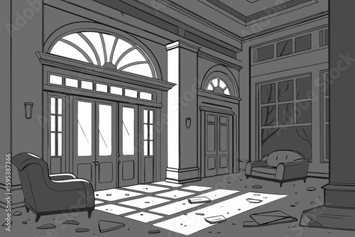  dark elegant living room, shattered glass, debris scattered, minimalist furniture, dramatic lighting, post-apocalyptic scene, moody, cinematic, realistic