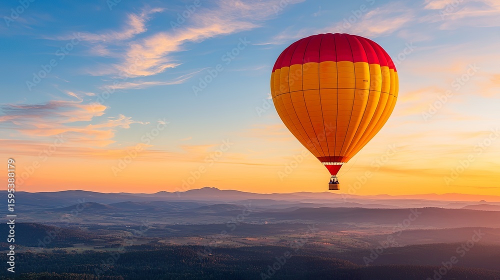 Fototapeta premium Person on a sunrise hot air balloon ride over a scenic landscape, serene